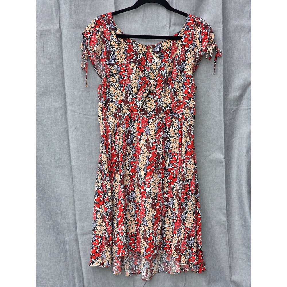 Free People Red Floral Mini Dress Short Tie Sleeve Cut Out Knot OB784814 Size M
